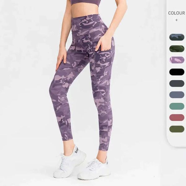 Leggings femininas calças de yoga camuflagem impressão pele perto sentimento cintura alta hip levantamento esportes fiess collants bolso lateral ginásio legging 688sss