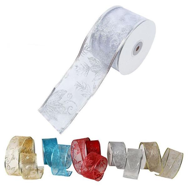 Rotolo da 50 metri Fiore Glitter Nastro di Natale cablato trasparente per la festa nuziale Decorazione dell'albero di Natale Fai da te Bow Craft J1209312q