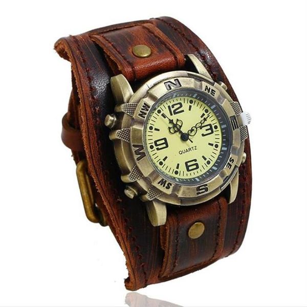 Relógios de pulso vintage retro grande grande pulseira de couro genuíno relógio homens punk quartzo manguito pulseira pulseira relogio masculino238z