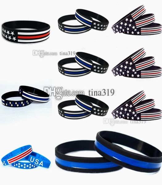 Nova linha azul fina bandeira americana pulseira de silicone fina linha vermelha bandeira dos eua mão círculo moda pulseiras c02229349364