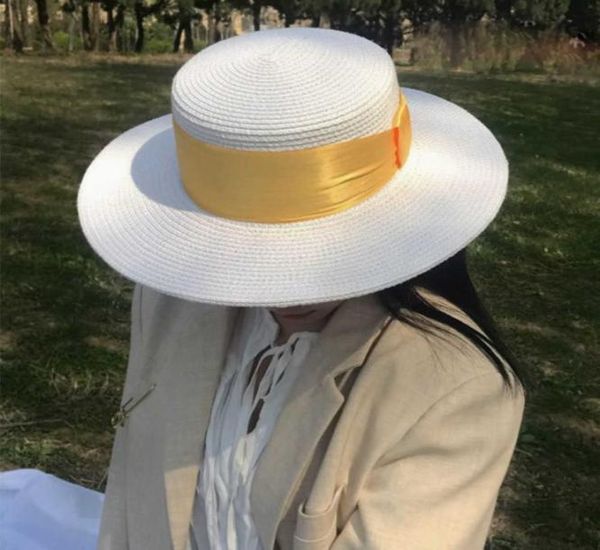 Weißer Damen-Strohhut mit Zopfmuster, großes Band, Fedora mit breiter Krempe, Damenkleid, Derby-Strohhut, Sonnenhut, Sommer-Strandkappe, Seemanns-Trilby-Kappe 24517252