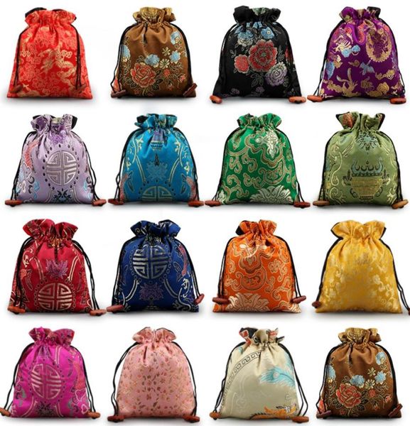 Luxo floral grandes sacos de presente festa de casamento favor sacos chinês brocado de seda bolsa de natal high end bolsa de armazenamento com cordão 50pc1936092