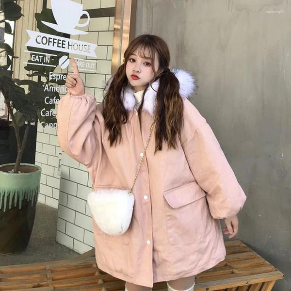 Женские плащи, женская зима 2023, парка, корейский меховой воротник, утепленная куртка с капюшоном, женская мода для девочек, розовая с длинным рукавом, хлопковая подкладка