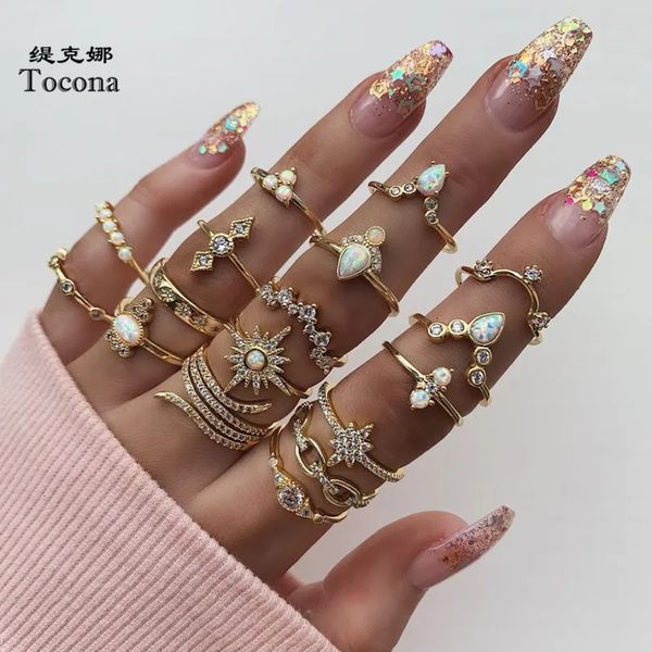 Anéis de casamento Tocona Boho 17pcssets luxo claro cristal pedra anel de casamento para mulheres homens gota de água flores sol geoemtric jóias 231208