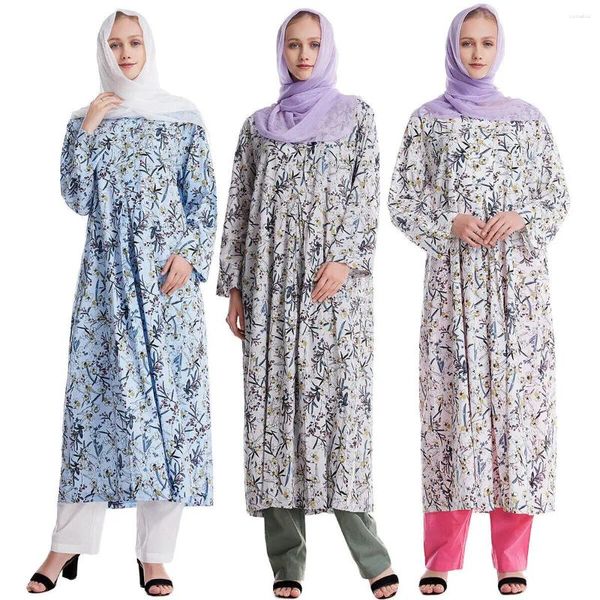 Etnik Giyim Müslüman Pamuk Elbise İslami Arap Çiçek Baskı Abaya Kaftan Gevşek Gömlekler Cüppe Ramazan Duası Elbise Kadınlar M-XL