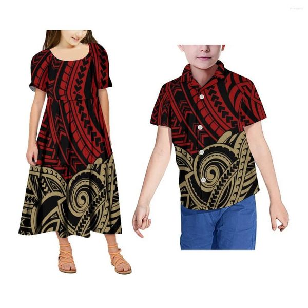 Lässige Kleider, samoanischer Stammesstil, Kinderanzug, passendes blaues Kinderhemd und Kleid, polynesische Mädchen, lange hawaiianische Jungen