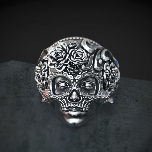 Anel de caveira de açúcar pesado de aço inoxidável 316L exclusivo masculino mandala flor Santa Muerte joias de motociclista tamanho 7 - 14287B