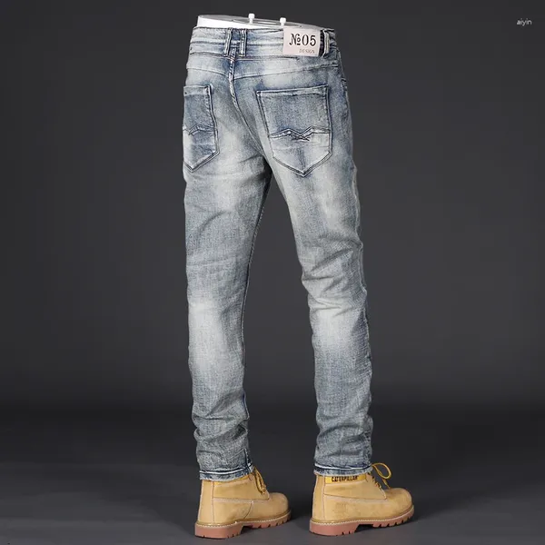 Jeans masculinos moda designer homens de alta qualidade retro lavado azul estiramento fino ajuste rasgado jens vintage casual denim calças hombre