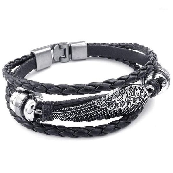 Charme pulseiras retro fivela de metal pulseira jóias asa anjo trança manguito liga de couro fantasia para homem e mulher mão corrente cor b255o