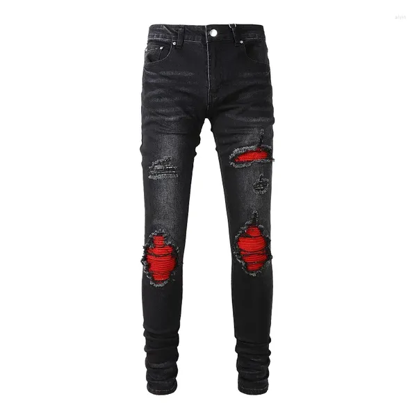 Jeans da uomo Nero invecchiato stile streetwear Bandana rossa a coste Patchwork skinny elasticizzato con fori slim fit High Street strappato