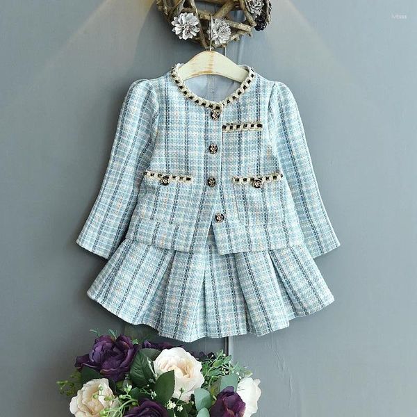 Kleidung Sets Herbst Kinder Outfits Mädchen Anzug 2023 Frühling Herbst Lange Ärmeln Plaid Top Rock Zwei-Stück Großhandel