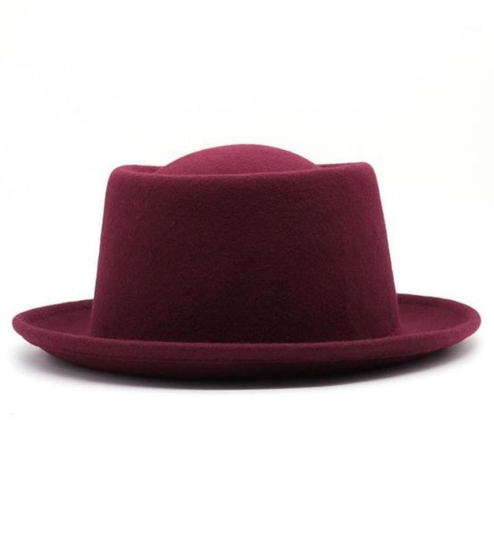 Berets moda cor sólida 100 lã feltro chapéu de torta de porco para mulheres homens curvados borda esmagável chapéus de lã fedora9743082