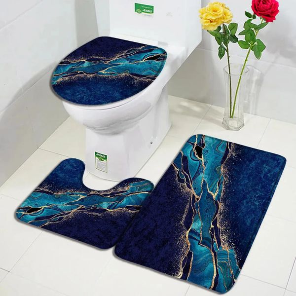 Teppiche Abstrakte blaue Marmor-Badematten, 3-teiliges Set, kreative Goldlinie, geometrischer Flanell-Teppich, Badezimmer-Dekor-Teppich, rutschfeste WC-Abdeckungsmatte 231211