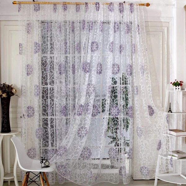 Cortina impressa sheer voile organza janela cortinas haste bolso colorido floral gaze painel de tule europeu cortinas para porta de vidro deslizante