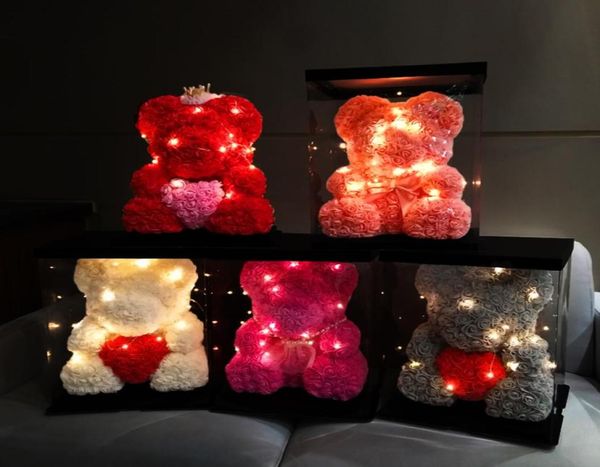 Regalo di San Valentino 25 cm Rosa rossa Orsacchiotto Schiuma Fiore di rosa Decorazione artificiale con lampade a LED da 3 m Confezione regalo Valentines1793975