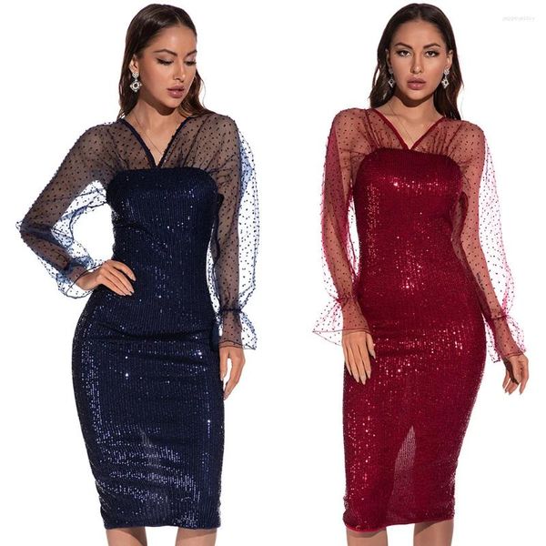 Casual Kleider # 2827 Blau Rot Pailletten Kleid Frauen Backless Sexy Midi Weibliche Mesh Langarm Enge Party Nacht Damen bodycon