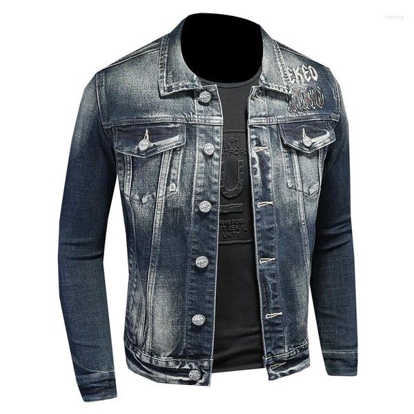 Jaquetas masculinas Padrão Carta Bordado Vintage Punk Cowboy Casaco Slim Algodão Jeans Outerwear para Masculino