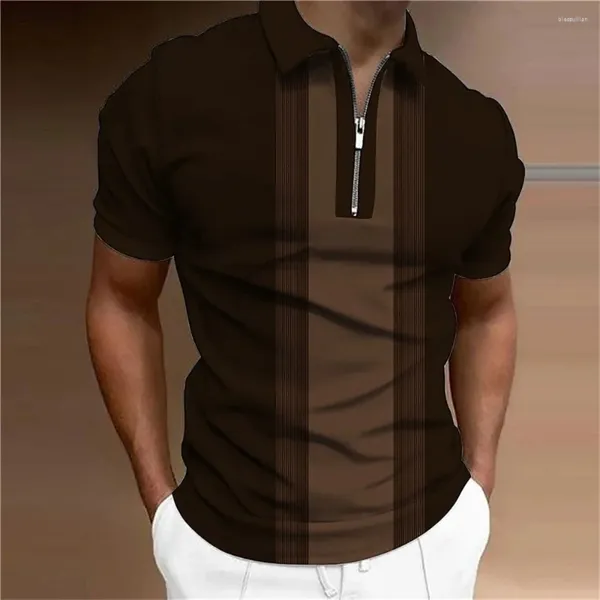 Herren Polos Männer Reißverschluss Poloshirt Tops Gestreifte Muster 3D-Drucke Mode Atmungsaktive Kleidung Sommer Kurzarm Bluse Pull
