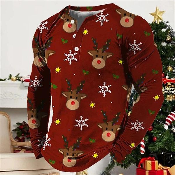 Homens camisetas 2023 outono camisa de natal para homem botão colarinho manga longa impressão gráfica tees moda casual oversized 3xl top