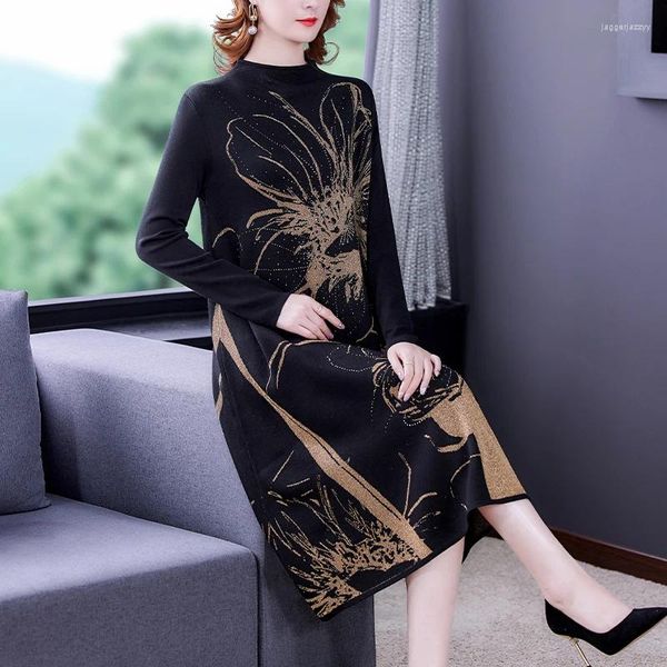 Frauenpullover Frauen Schwarz Drucken Midi Pullover Pailletten Kleid Herbst Winter Koreanische Mode Vintage Bodycon 2023 Elegante Dicke Warme