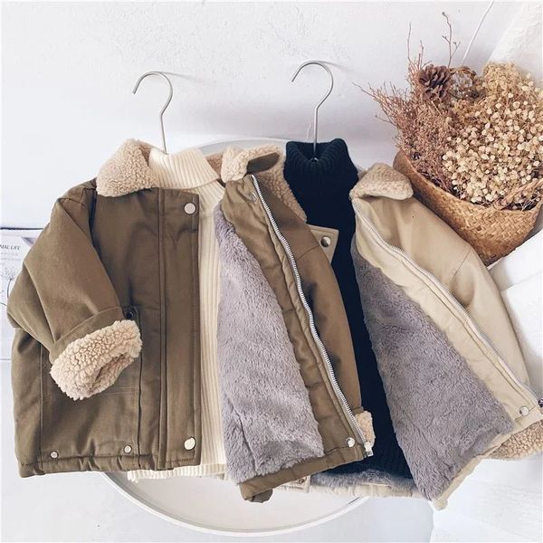 Strickjacke Mädchen Mantel Jacke Baumwolle Outwear Mantel 2023 Revers Warm Verdicken Samt Winter Plus Größe Kinder Kleidung 231211