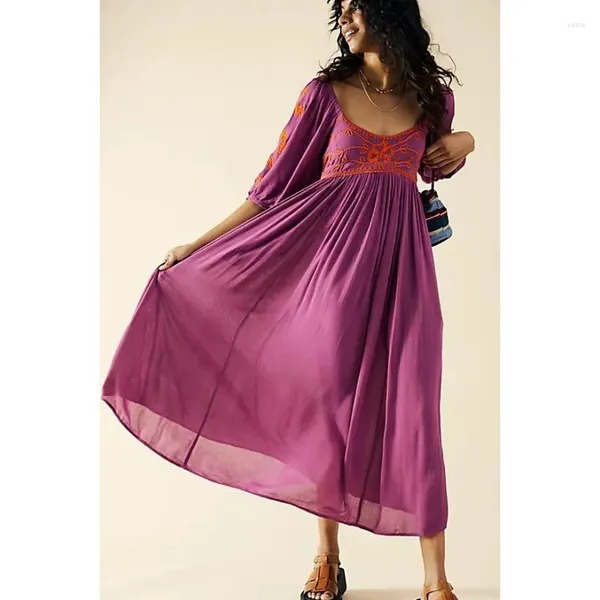 Lässige Kleider 2024 Frühling Boho Langes Kleid Vintage Stil rückenfreie Stickerei Midi Laterne Ärmel Frauen Hippie Mujer