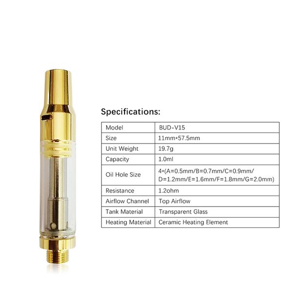 Cartucho original Bud V15 Bobina cerâmica Vape Carrinhos Top Airflow 510 Thread Tank