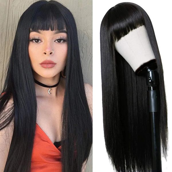 Cosplay perukları Avrupa Amerika Birleşik Devletleri Siyah Doğal Uzun Düz Saç Kadın Bangs Wig Mekanizması Sentetik Fiber Baş Kapağı 231211