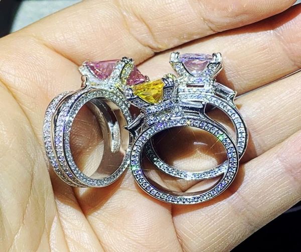 Üç renkli elmas vintage mücevher 925 STERLING Gümüş Prenses Kesme 5a Zircon Büyük Taşları Eiffel Tower Kadın Düğün Gelin Rin3841647