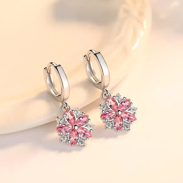 Orecchini a cerchio All'ingrosso 925 gioielli in argento sterling di alta qualità Moda donna Trendy Fiore di zircone di cristallo rosa