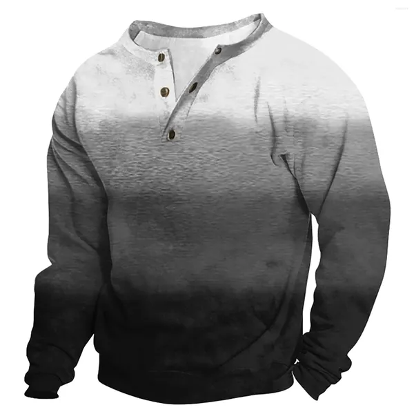 Hoodies masculinos gradiente impresso minimalista roupas esportivas ao ar livre vintage com decote em v botão manga longa moda esportes camiseta preto pulôver