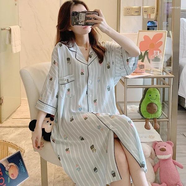 Mulheres sleepwear 2023 verão mulheres listrado camisola de algodão camisa impressa noite vestido plus size nightwear solto lingerie robe