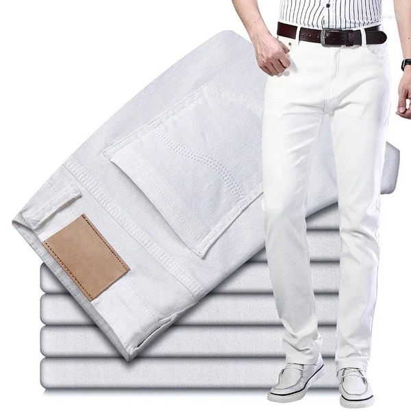 Calças de brim masculinas 2024 primavera outono moda negócios casual confortável estiramento calças de perna reta masculino branco denim calças