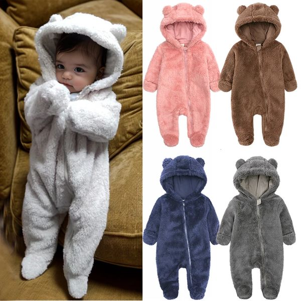 Macacões nascidos bebê inverno velo macacão sólido com capuz grosso roupas infantis para 024m coreano casual macacão menino menina roupas quentes 231211