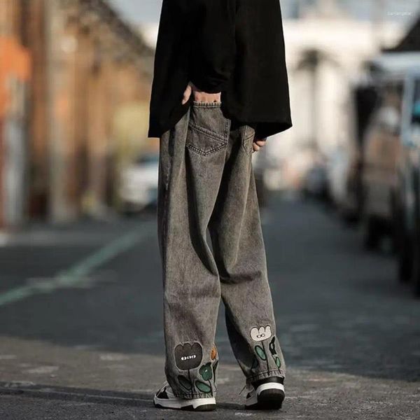 Jeans masculinos bordados calças compridas streetwear perna larga com desenho floral bordado cintura elástica para moda