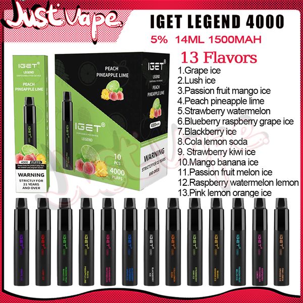 Höchste Qualität IGET Legend 4000 Puffs E-Zigaretten Einweg-Vapes Pod-Gerät 1000-mAh-Akku 5 % 14-ml-Kartuschen-Starterkit Kleiner Versand vor Ort in Australien