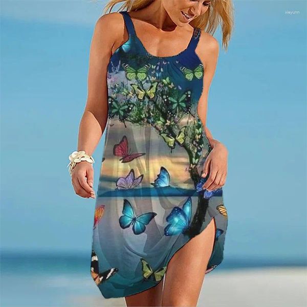 Lässige Kleider 3D-Schmetterlingsdruck-Kleid für Frauen Sexy ärmellose Sommer-Damenhalter Boho Vintage Beachwear Mädchenkleidung