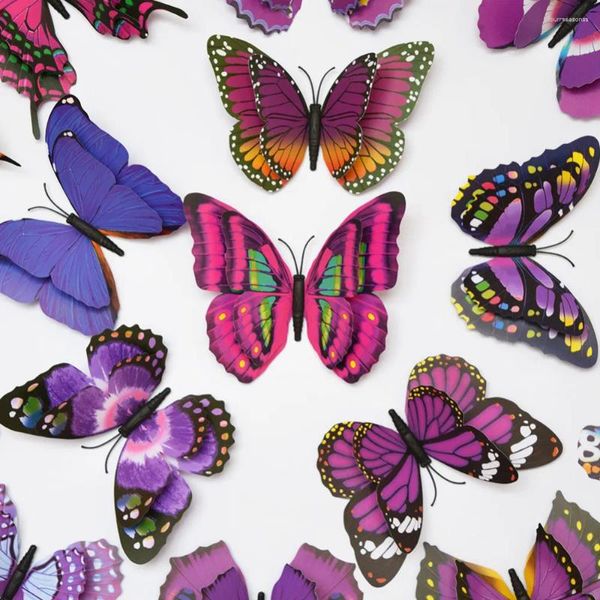 Adesivi murali Decorazione doppia ali di farfalla 2023 Animali Etichetta 3D in PVC 4 pezzi Verde Rosa Giallo Blu 15 cm / 5,9 pollici