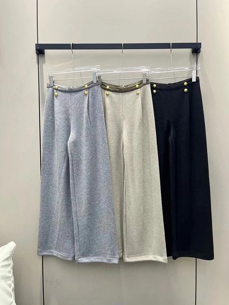 Pantaloni da donna Moda morbida gamba larga casual per le donne Slack 2023 Autunno Pantaloni dritti con tasca a contrasto in metallo di alta qualità Lady