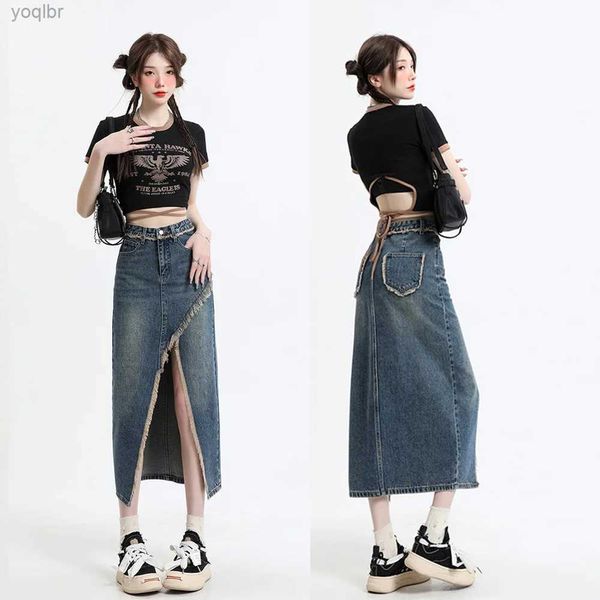 Zweiteiliges Kleid Damen Vintage High Waist Denim Rock Halbrock A-Linie Schlitz Brandy Röcke Farbe Bump Bag Hip Y2k Frühlingskleidung Neu 2023L231211