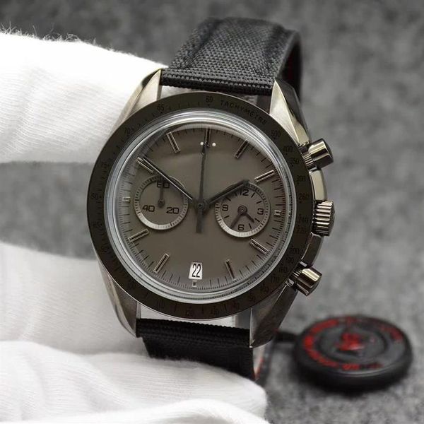 44mm quartzo cronógrafo mostrador cinza relógios masculinos moonwatch pulseira de couro preto lado escuro do anel mostrando marcações de taquímetro wri230s