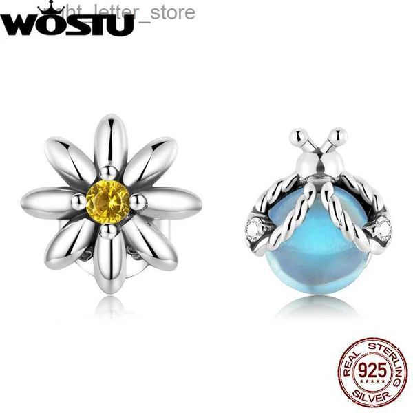 Stud WOSTU 925 Sterling Silver Mini CZ Daisy Flower Ladybug Brincos para Mulheres Assimétricas Brincos de Argola Fina Jóias Presente E1364 YQ231211