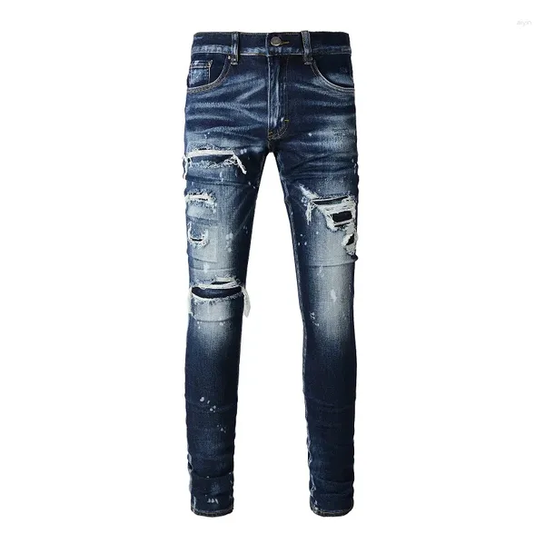 Jeans masculinos chegadas azul angustiado estilo streetwear bandana costelas remendos estiramento buracos slim fit high street rasgado