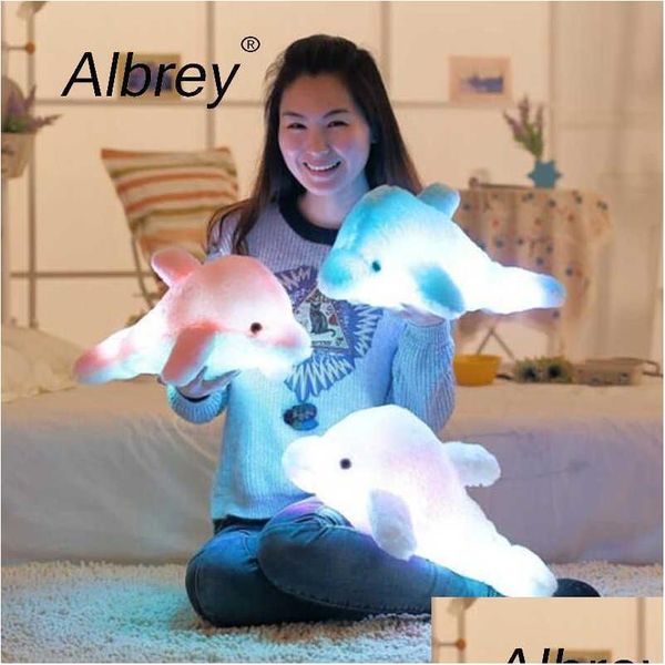 Stuffed Plush Animais Colorf Dolphin Boneca Brinquedo Luminoso Almofada Almofada Com Led Light Party Aniversário Presente de Natal Q0727 OTNQP