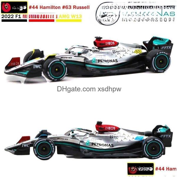 Diecast Model Cars Bbrago 2022 F1 Benz-Amg W13 Racing 44 63 Russell 1 43 Luxury Car Toys Подарки для доставки DHNN8