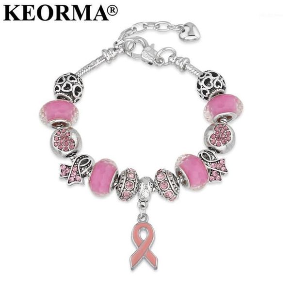 KEORMA Consapevolezza del cancro al seno Nastro rosa Ciondolo Cuore Catena del serpente Bracciale con ciondoli regolabile Braccialetti Donna Festa della mamma G335p