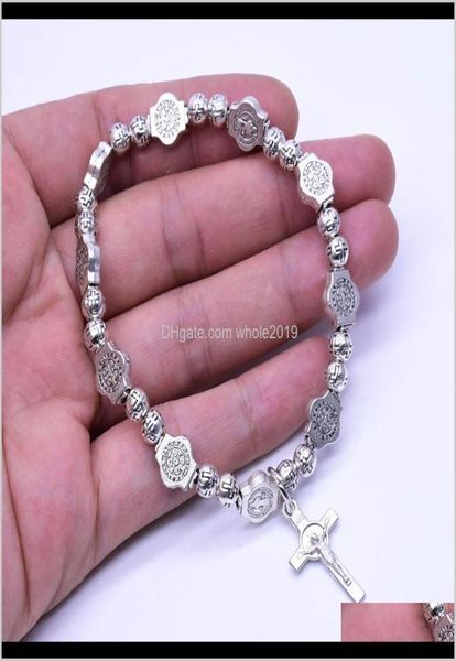 Perlenstränge Schmuck Drop Lieferung 2021 Handgemachter Rosenkranz elastisches Metallarmband Runde Rosenlegierungsperlen Katholische Heilige Bilder2546535