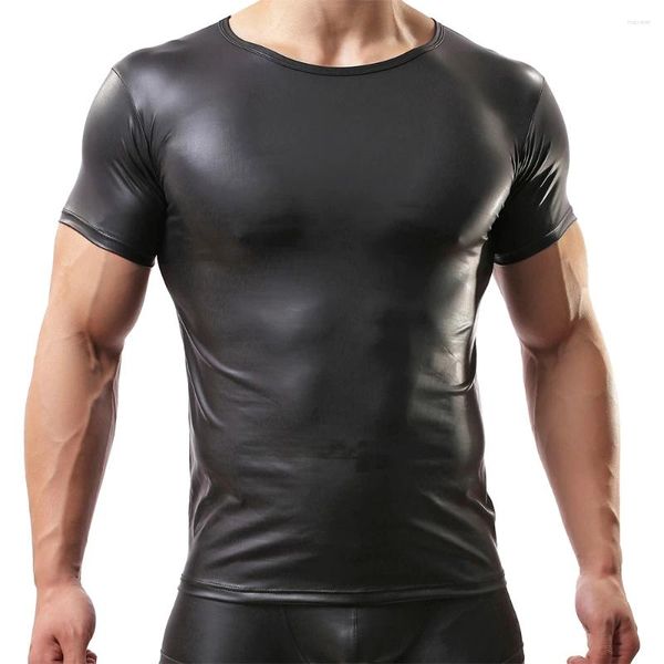 Erkekler Tişörtler Erkekler Seksi Sahte Deri Kısa Kollu Tee T-Shirts Pu Eşcinsel Erkek Fetiş Çekirdek Giyim Sahne Performans Kostümleri