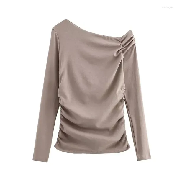 Camicette da donna Camicetta nera asimmetrica da donna Top corto con spalle scoperte con volant Donna T-shirt a maniche lunghe autunno elegante Basic