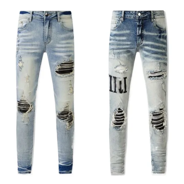 Calças de brim roxas Designer Jeans Men's Letter Brand Logo Branco Preto Rock N Roll Revival Calças Angustiadas Moda Francesa Pierre Straight